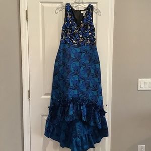 Badgley Mischka, dress, high low hemline, mixed media blue floral prints; size 4